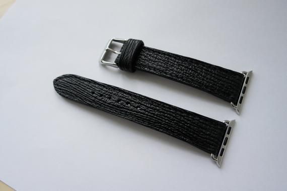 Black watch strap made of high quality shark leather. Custom stitched